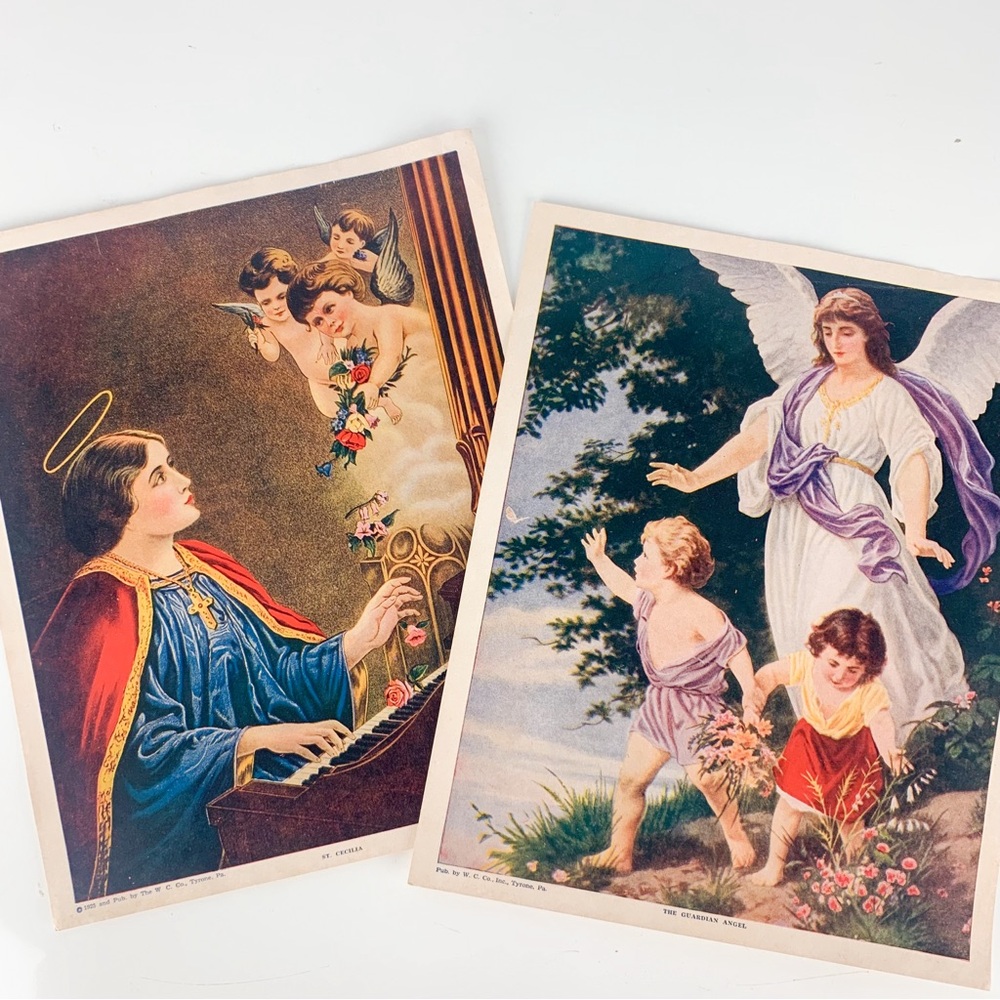 Vintage Pair St Cecilia Guardian Angel WC Co Tyrone PA Religious Prints 9”x11”
